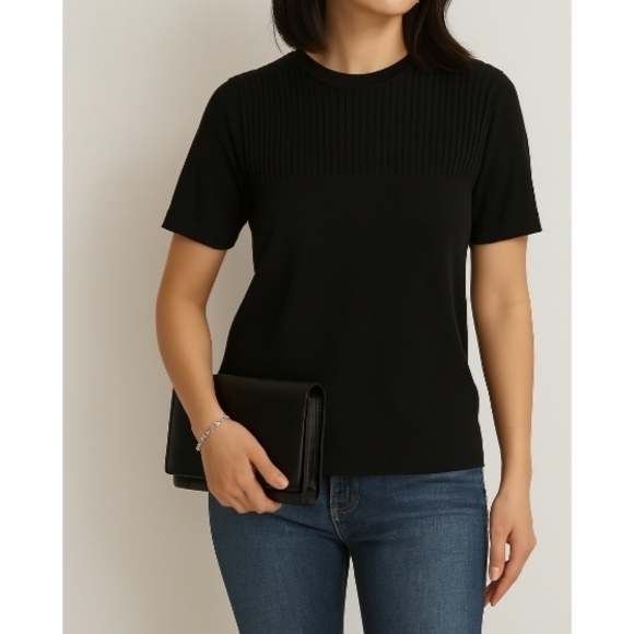 Kenneth Cole Black Ribbed Short Sleeve Top, L NWOT - Picture 1 of 6